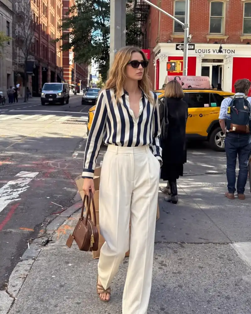  Striped Shirt With Ivory Wide-Leg Trousers