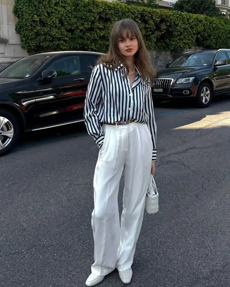 Striped Shirt With White Wide Leg Trousers