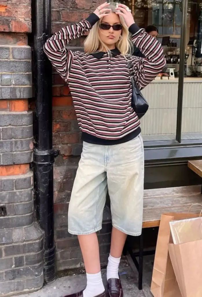 Striped Top With Long Denim Shorts