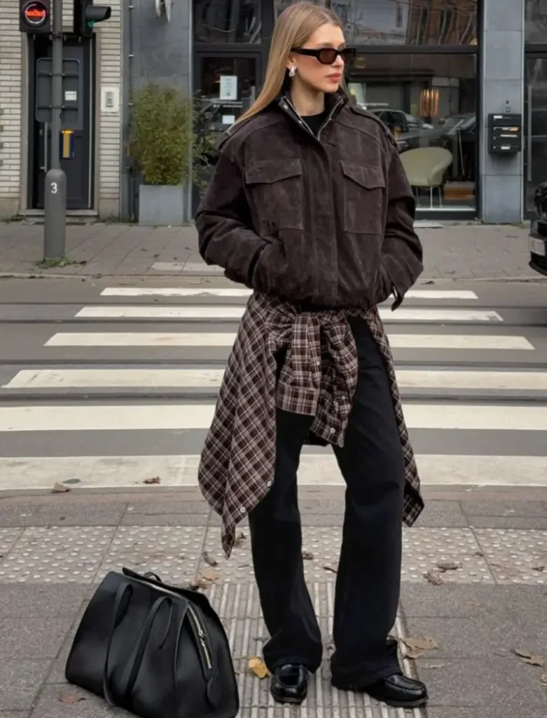 Suede Bomber, Wide-Leg Trousers, and a Plaid Waist Layer