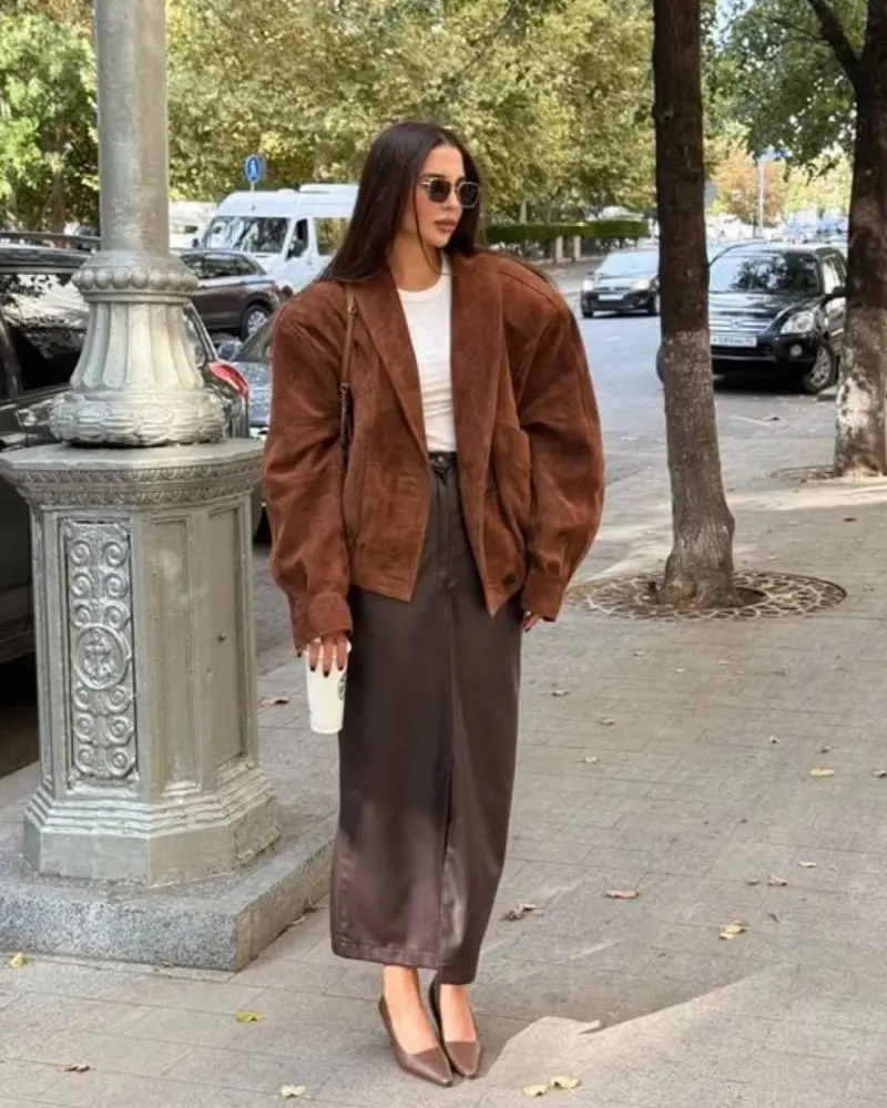 Suede Bomber With a Satin Midi Skirt