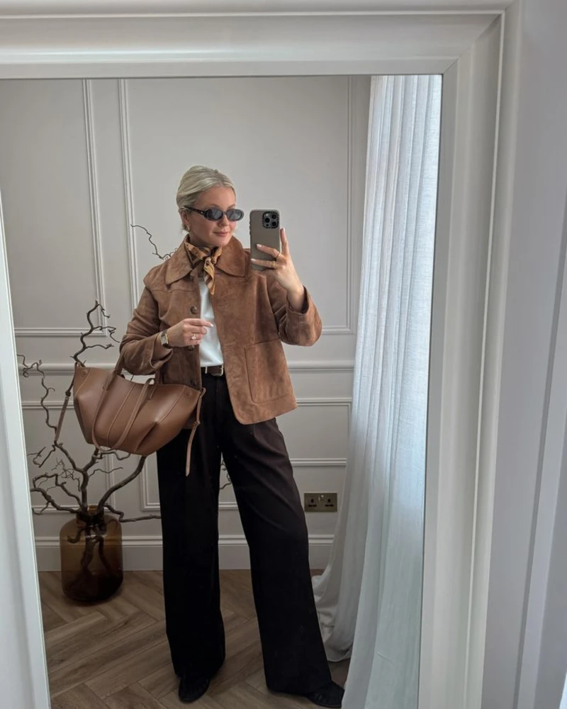 Suede Jacket With Chocolate Wide-Leg Trousers