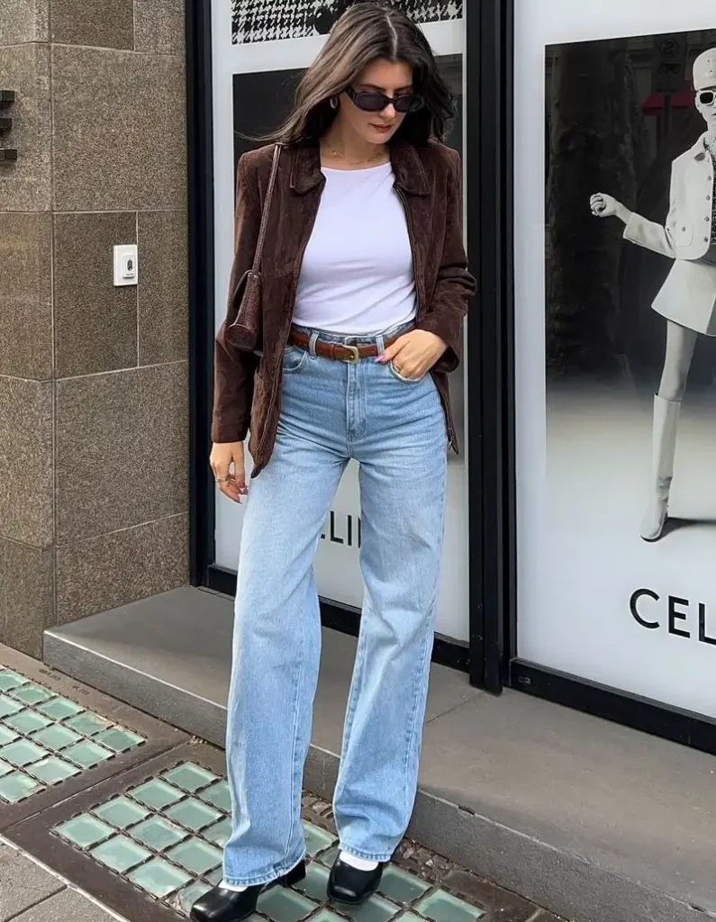 Suede Jacket With a Basic Tee and Relaxed Jeans