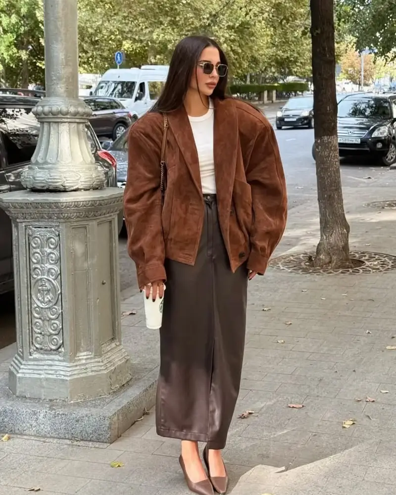 Suede Jacket With a Brown Midi Skirt