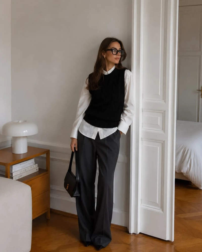  Sweater Vest With a White Shirt and Tailored Trousers