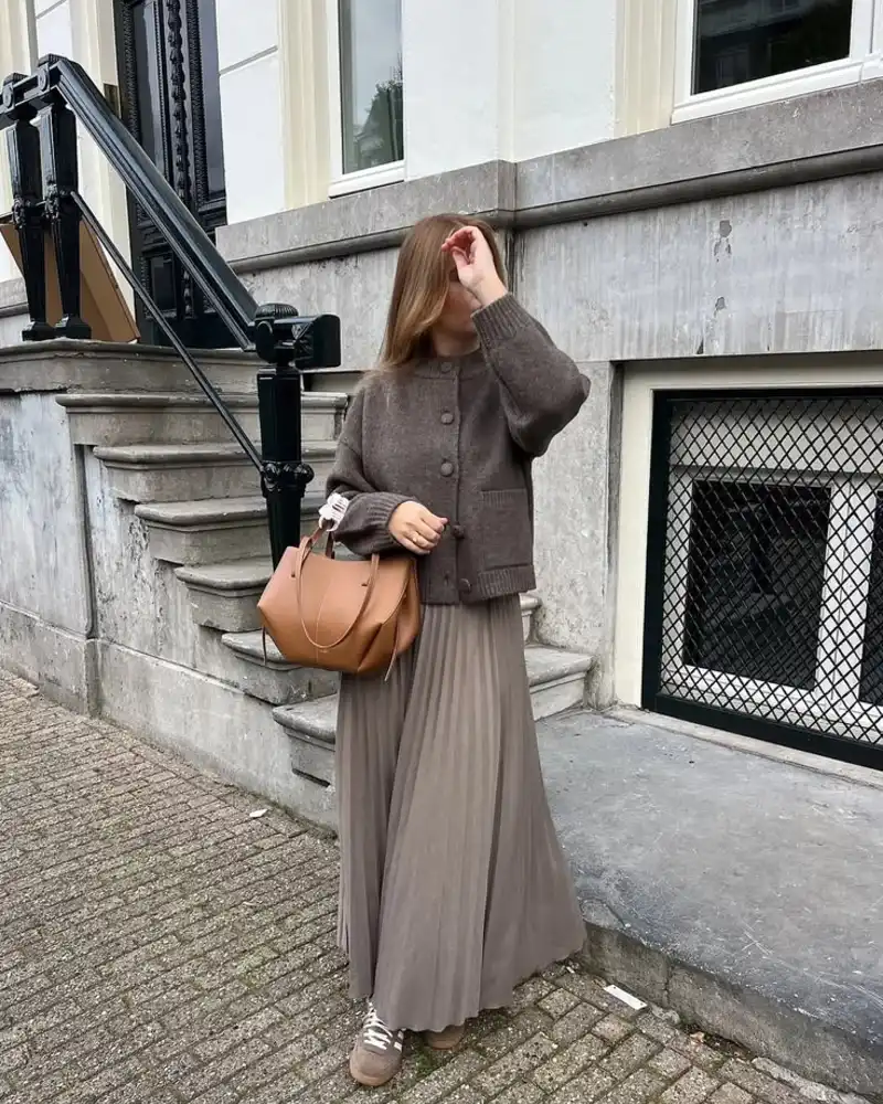 Taupe Cardigan and Pleated Skirt
