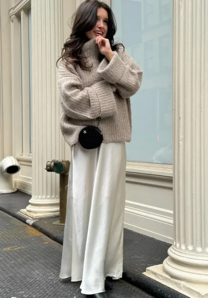 Taupe Chunky Sweater With an Ivory Satin Skirt