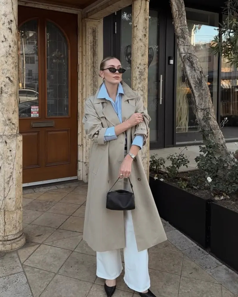 Trench Coat, Blue Shirt, and White Trousers