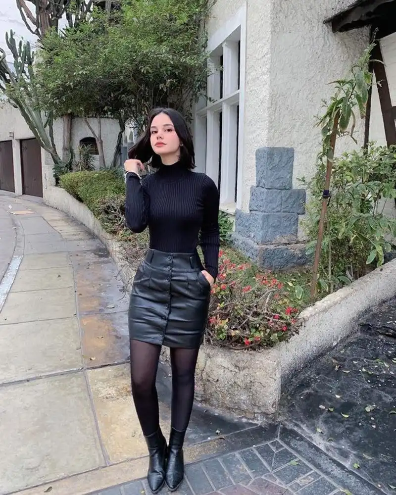 Turtleneck + Leather Mini Skirt