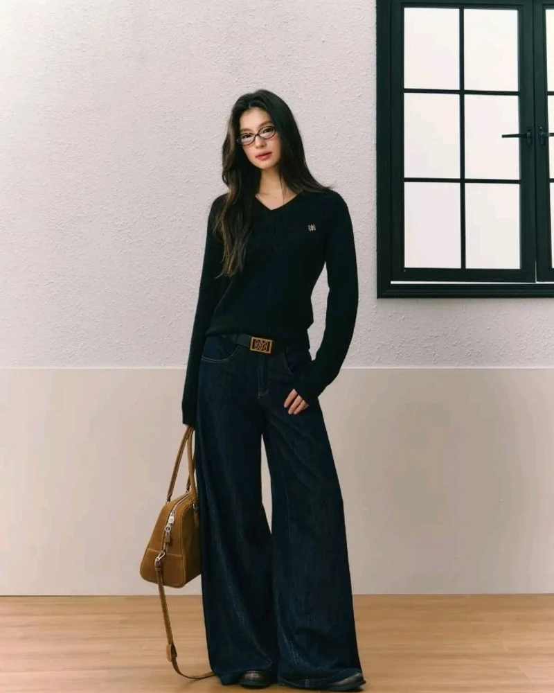  V-Neck Knit With Dark Wide-Leg Jeans