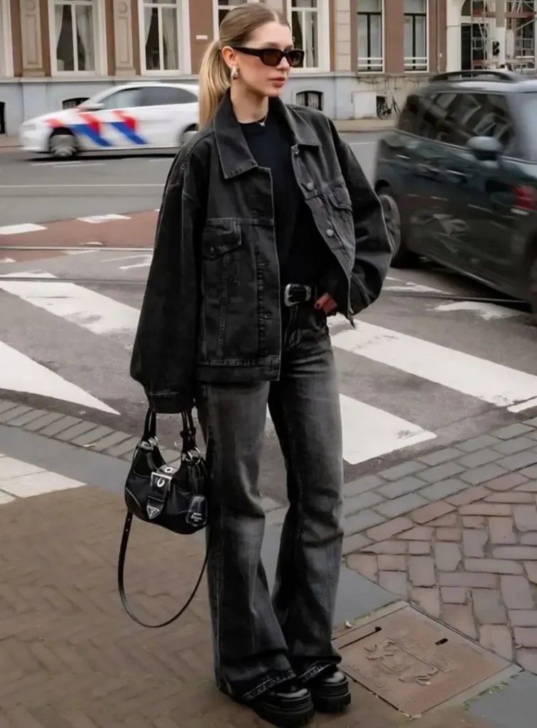Washed Black Denim Jacket With Flared Jeans