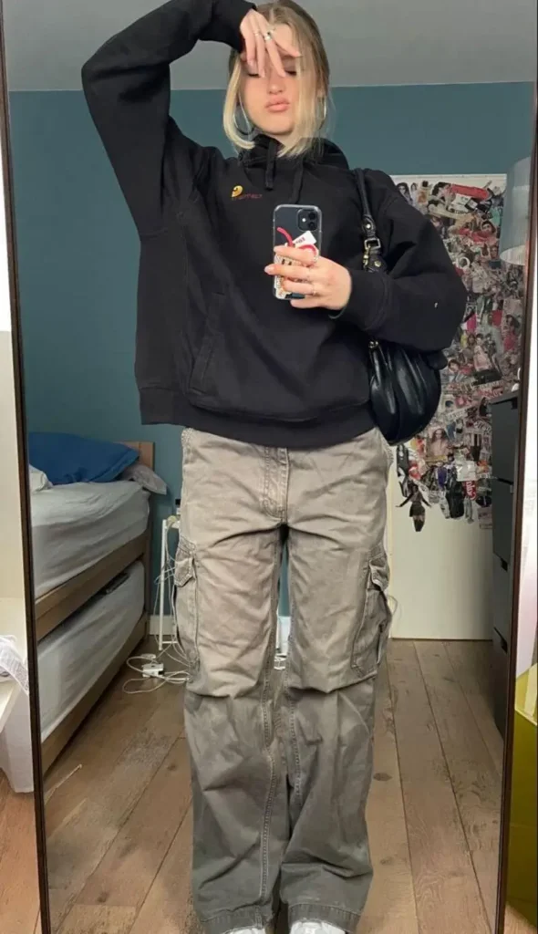 Washed Black Hoodie With Gray Cargo Jeans