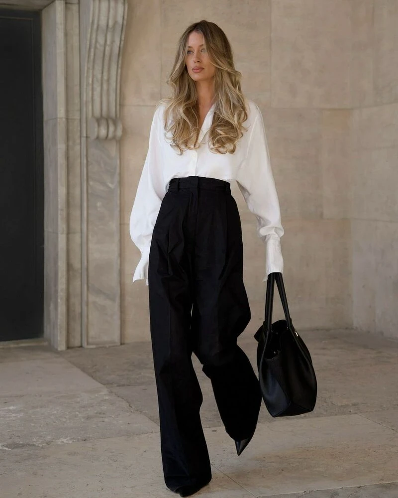 White Blouse With Black Pleated Trousers