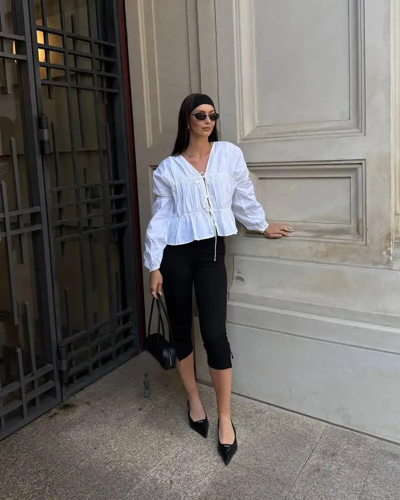 White Blouse and Black Capri Pants