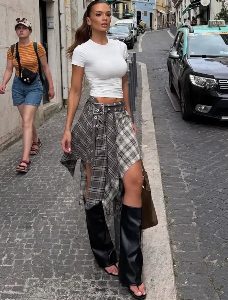 White Fitted Tee With a Deconstructed Plaid Skirt