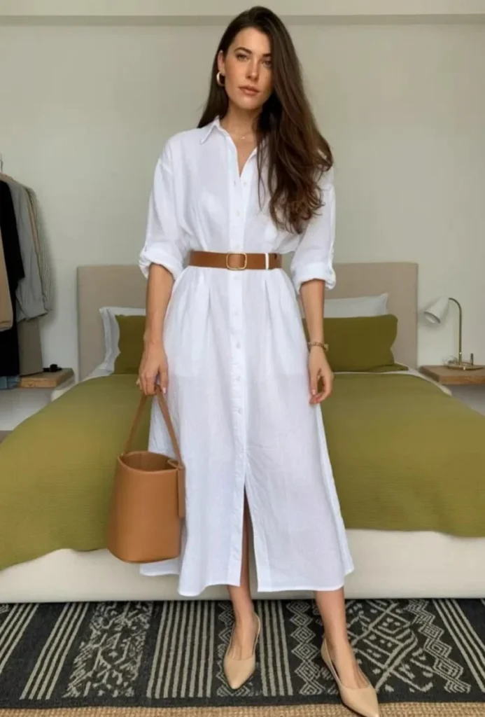 White Shirt Dress and Tan Belt