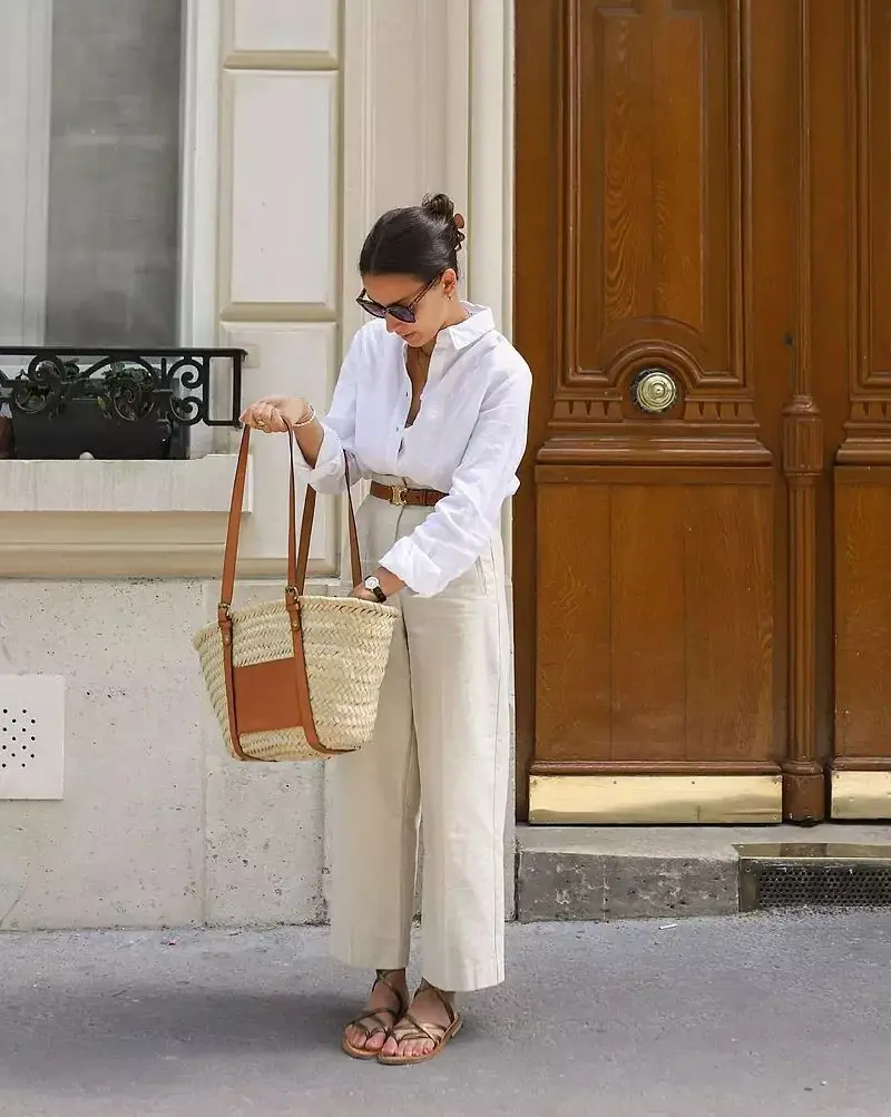 White Shirt With Cream Linen Trousers