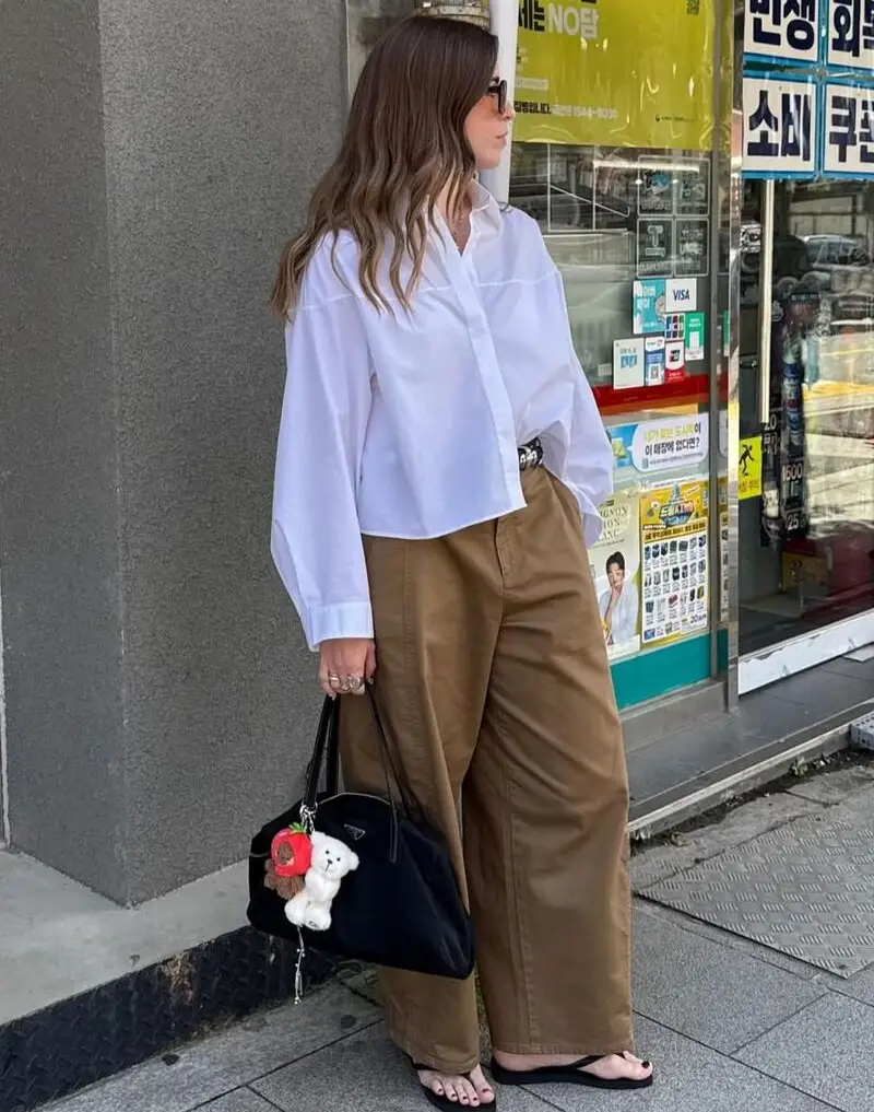 White Shirt and Brown Wide-Leg Trousers