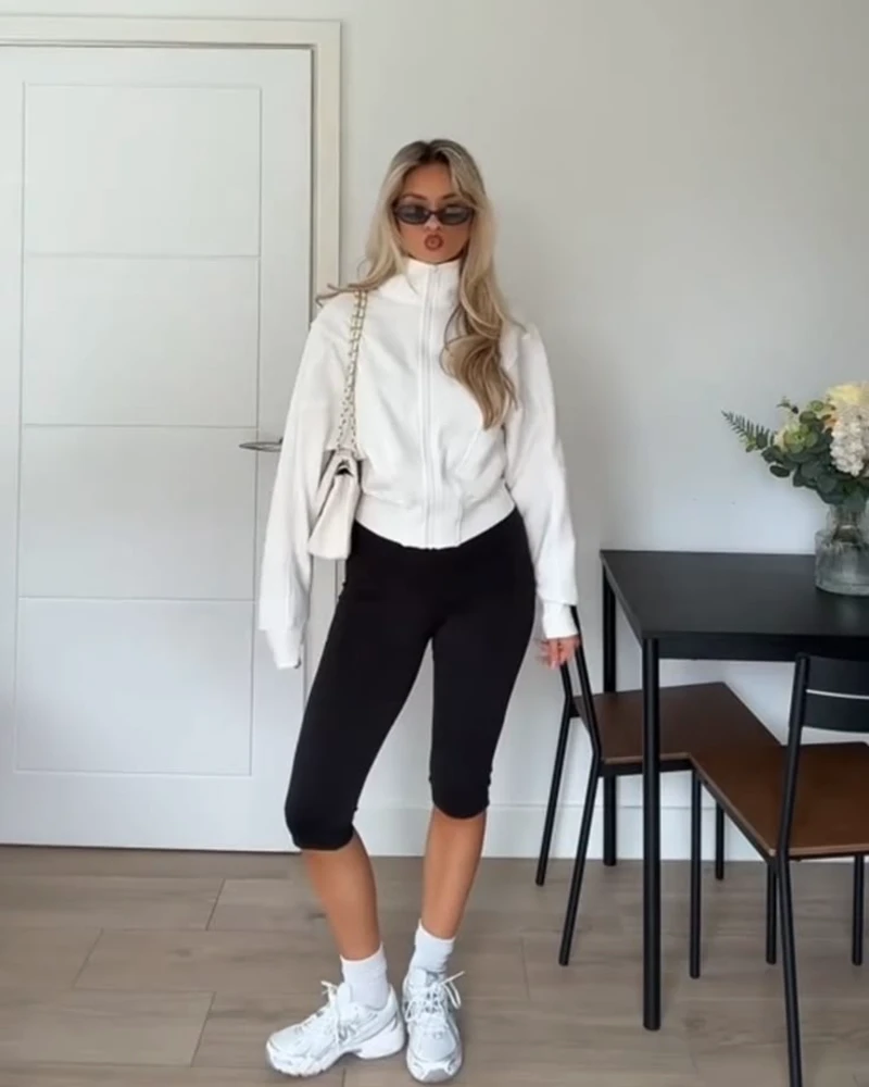 White Track Jacket With Capri Leggings