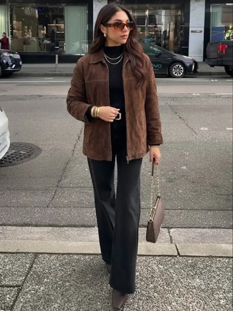 A Brown Suede Jacket Frames an All-Black Base