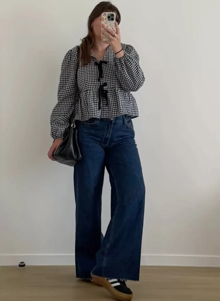  A Gingham Tie Blouse Gives Wide Jeans a Pretty Finish