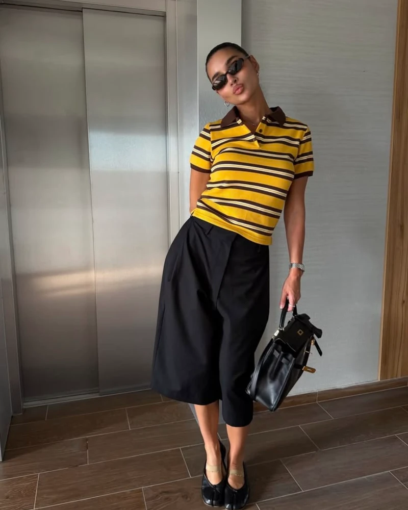 A Striped Polo Brings Color to Tailored Culottes