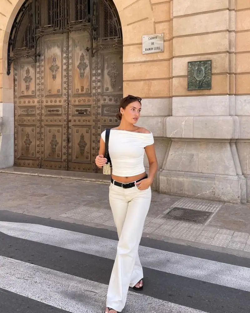 An Off-Shoulder Top Keeps Ivory Denim Interesting