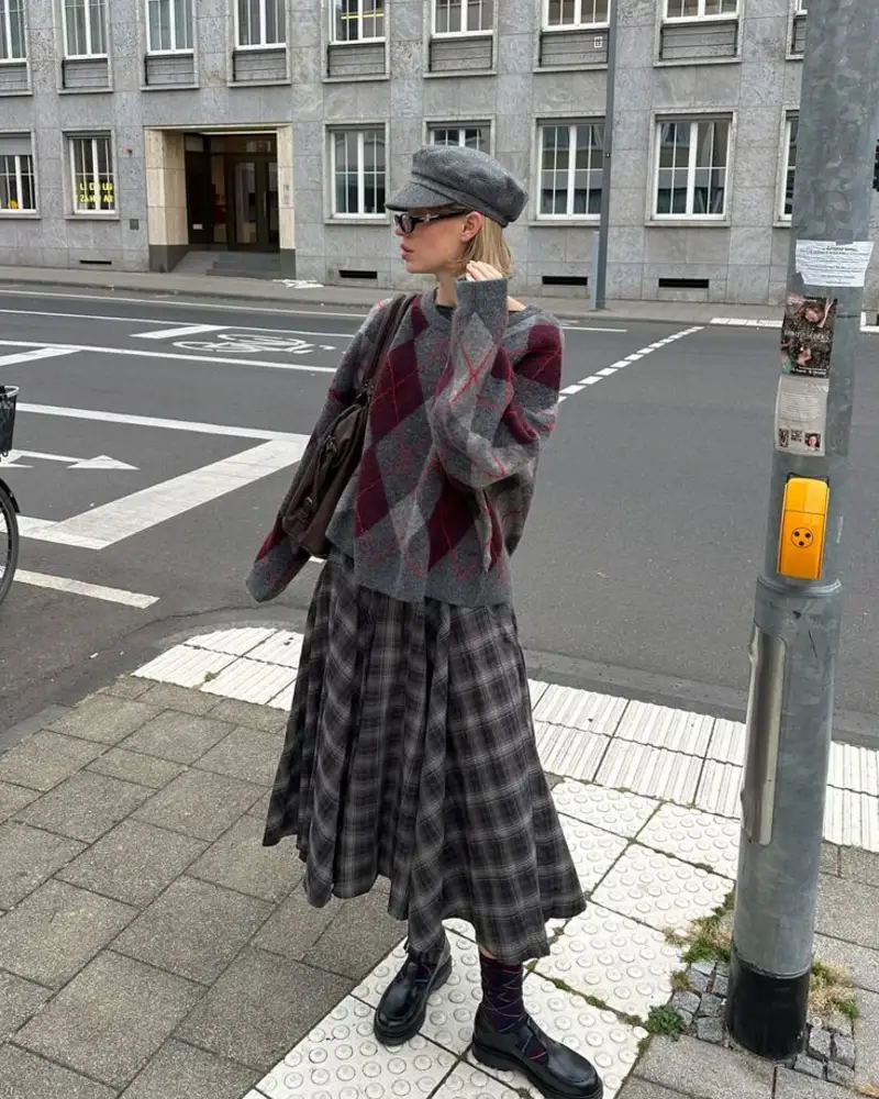 Argyle Sweater and Plaid Midi Skirt