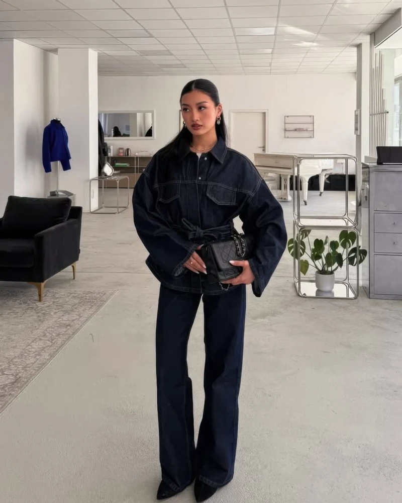 Belted Denim Jacket With Wide-Leg Jeans