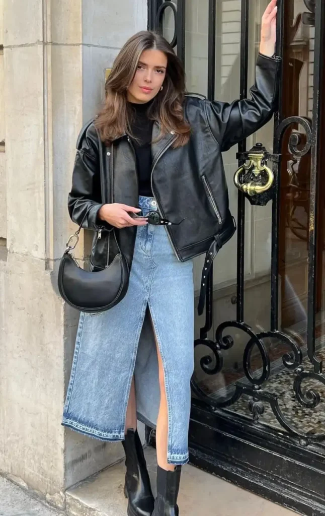  Black Biker Jacket With a Denim Midi Skirt