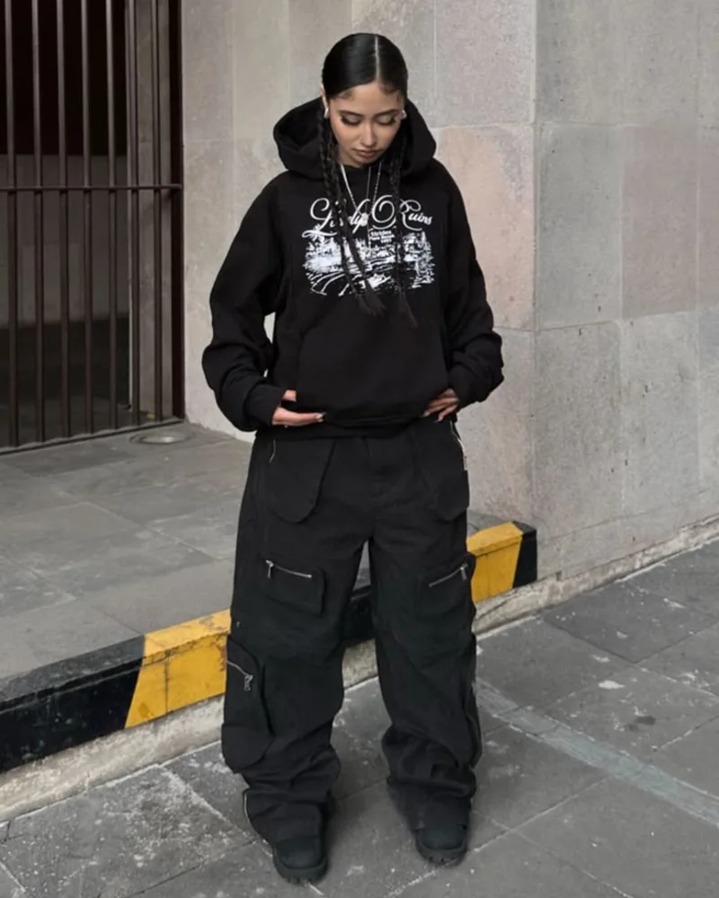 Black Graphic Hoodie With Black Cargo Pants