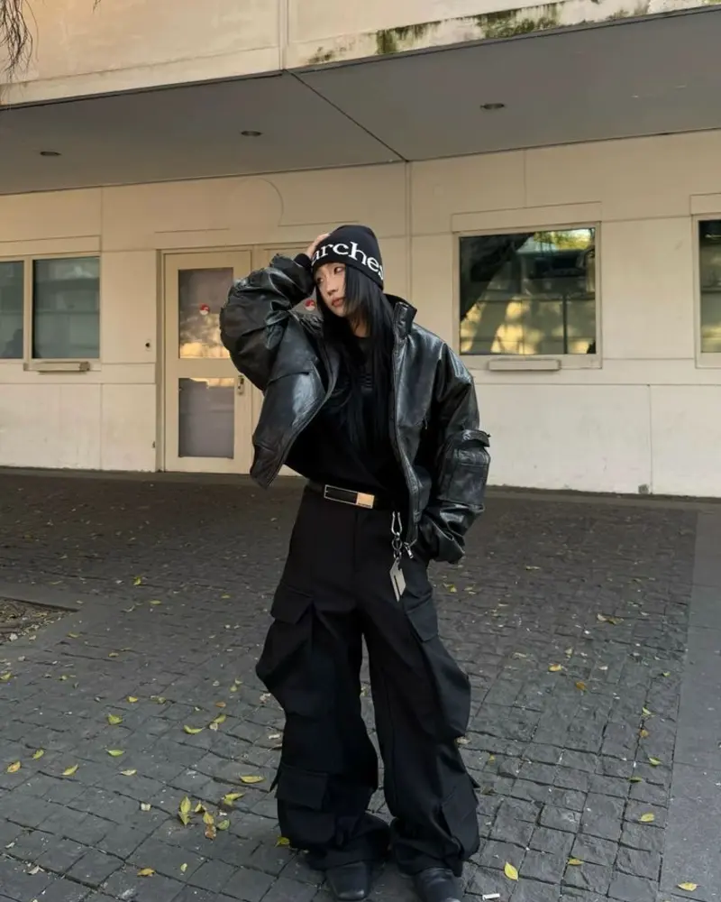 Black Leather Look Jacket With Oversized Cargo Pants