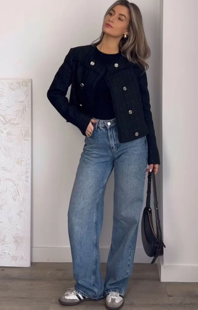  Black Tweed Jacket With Wide-Leg Jeans