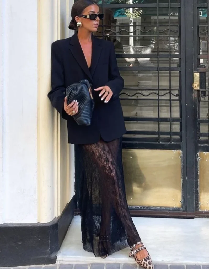 Blazer and Sheer Lace Skirt