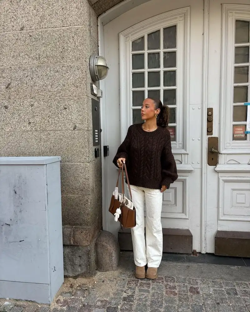 Brown Cable-Knit Sweater With Cream Straight Pants