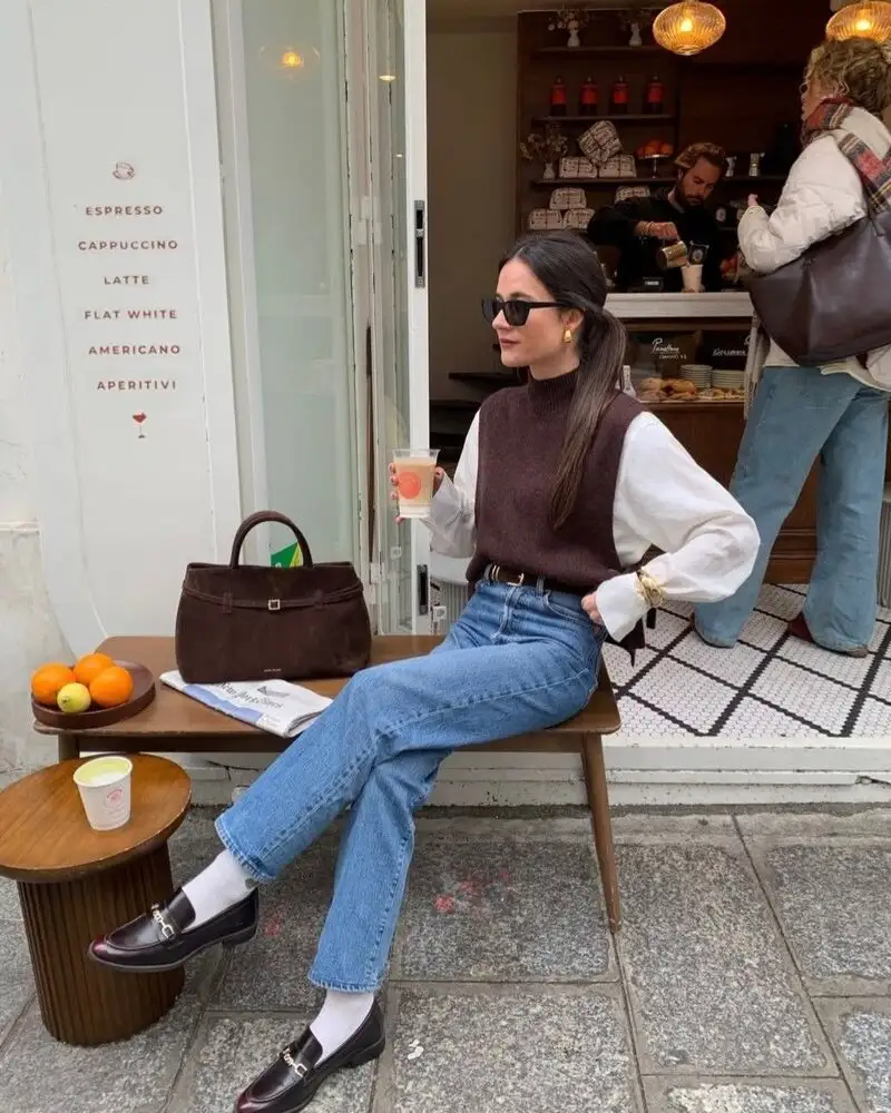 Brown Knit Vest Over a White Shirt With Straight Jeans