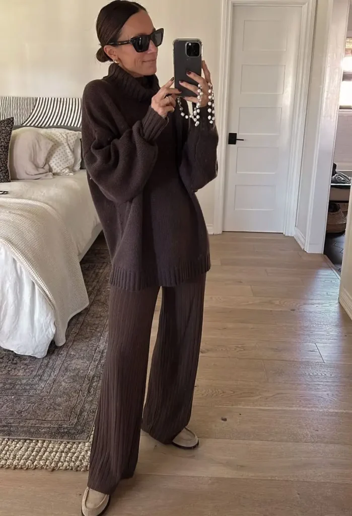 Brown Oversized Knit With Ribbed Wide-Leg Pants