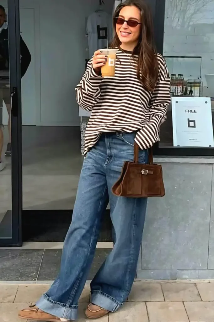  Brown Striped Tee With Cuffed Wide-Leg Jeans