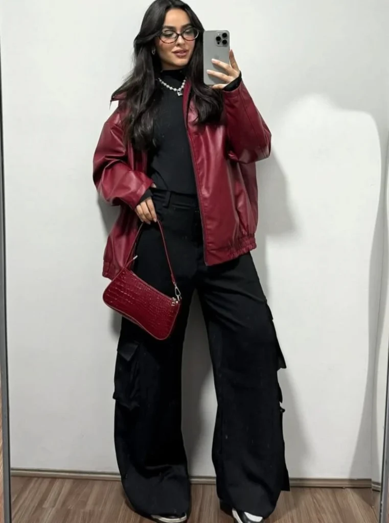 Burgundy Leather Look Jacket With Black Cargo Pants