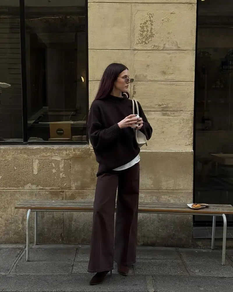 Chocolate Turtleneck With Brown Wide-Leg Trousers