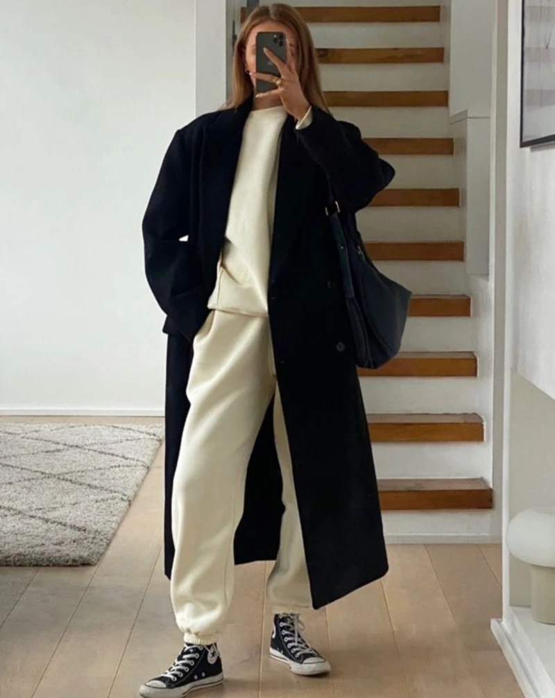 Cream Sweats Under a Coat