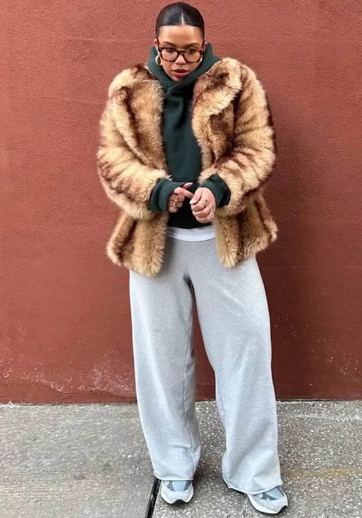 Cropped Faux Fur Jacket Over a Hoodie