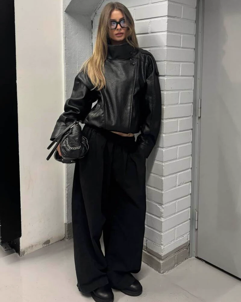 Cropped Leather Jacket With Relaxed Black Trousers