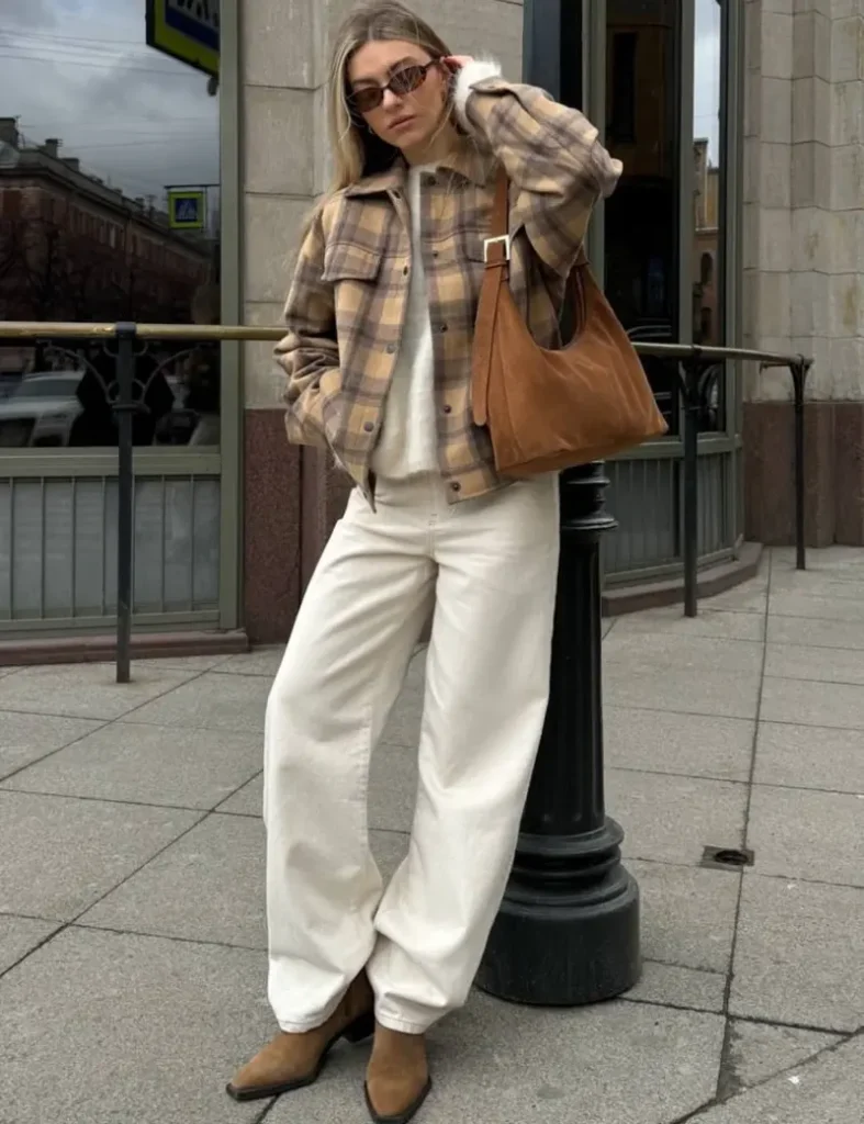 Cropped Plaid Shacket Over a Soft Knit