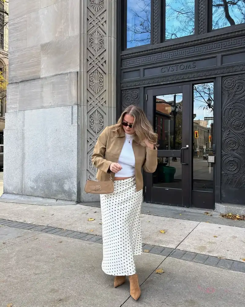 Cropped Suede Jacket Over a Fitted Top and Midi Skirt