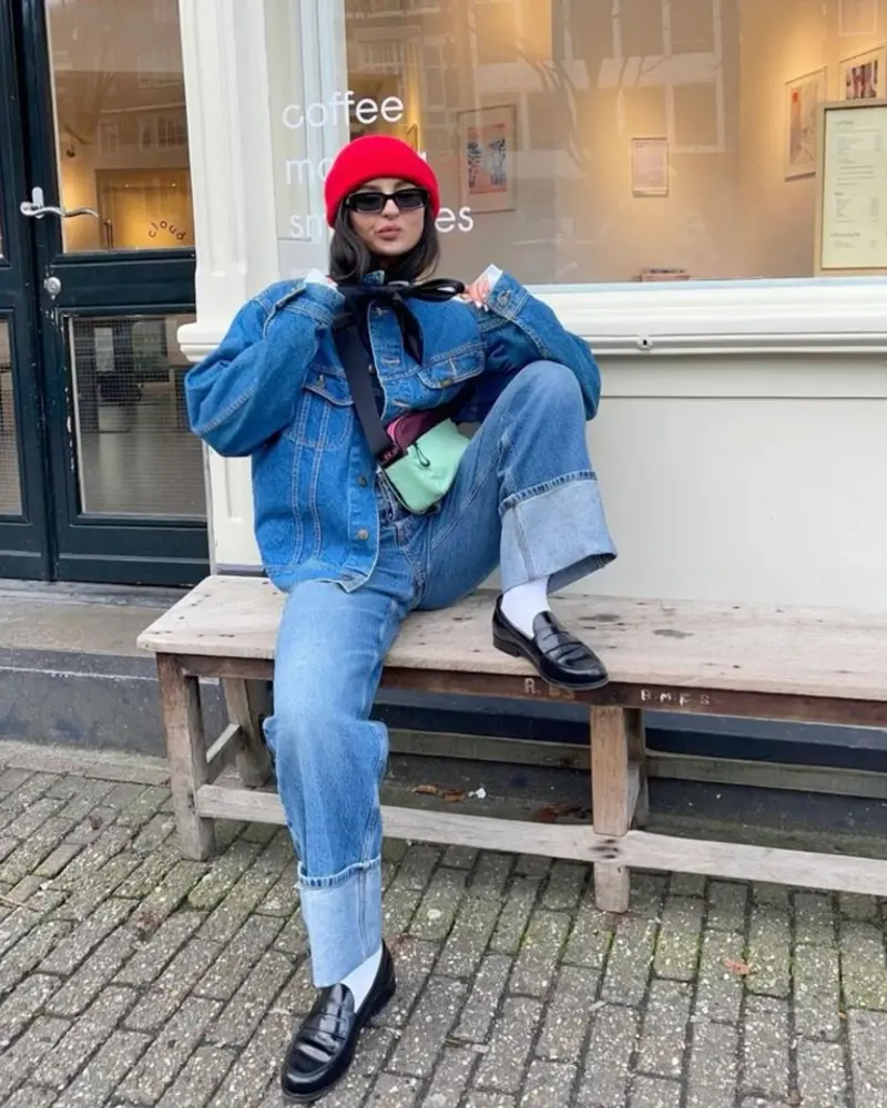 Double Denim With a Red Beanie