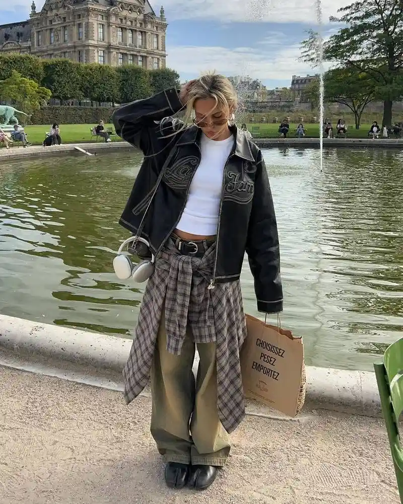 Embroidered Leather Jacket and Plaid Shirt