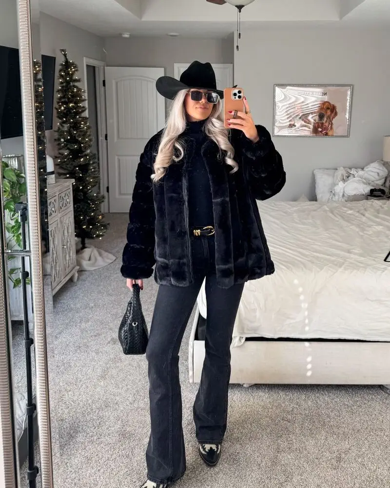 Faux Fur Jacket and Dark Jeans