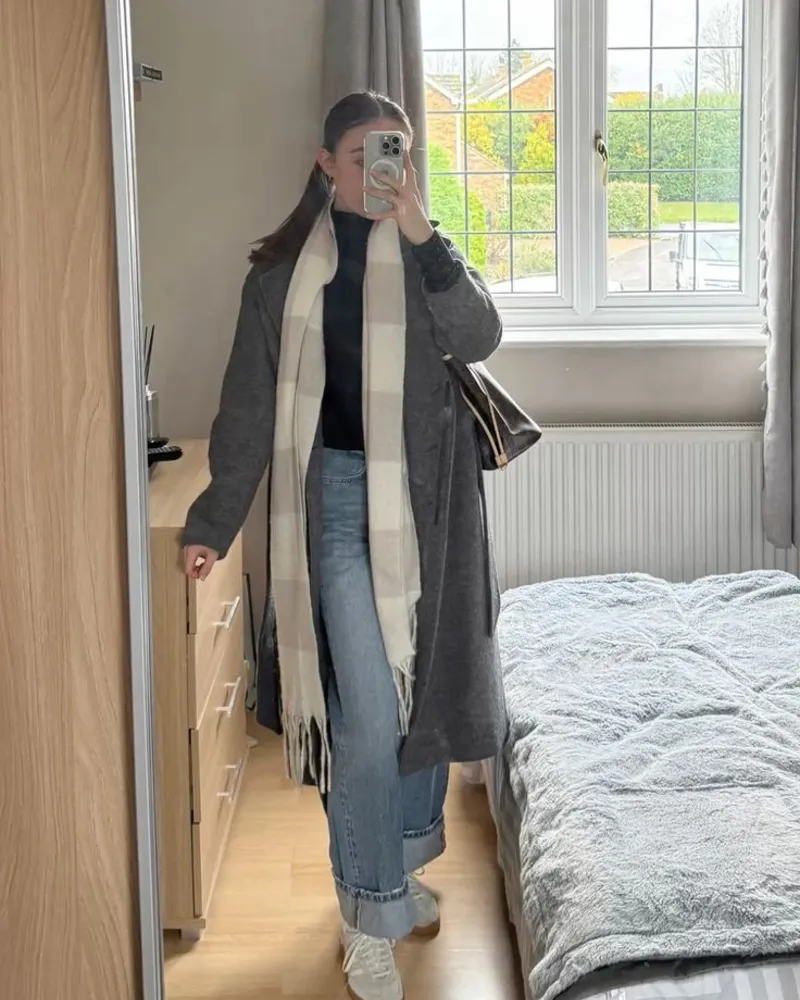 Gray Coat With Cuffed Jeans