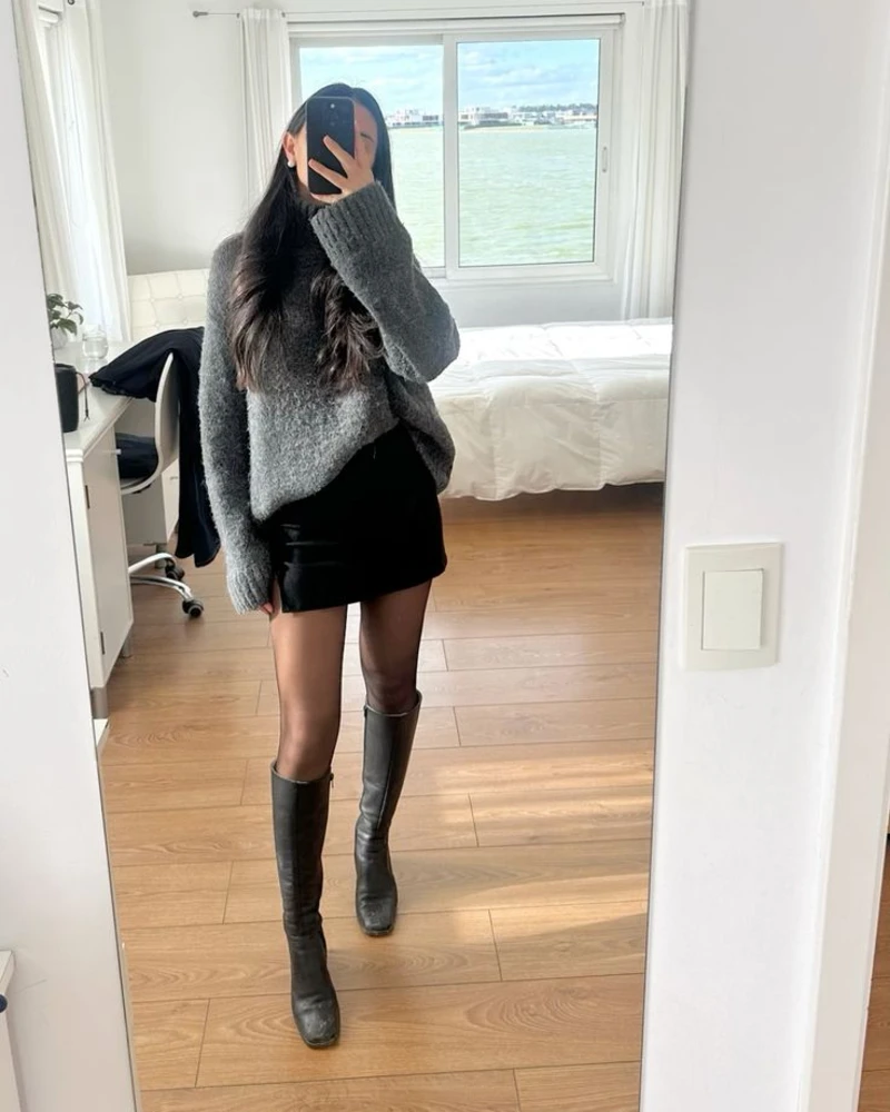 Gray Knit, Mini Skirt, and Tall Boots